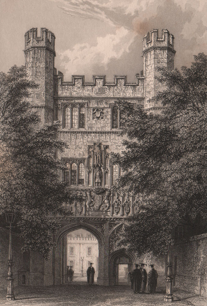 TRINITY COLLEGE entrance Gateway, Cambridge. LE KEUX 1841 old antique print